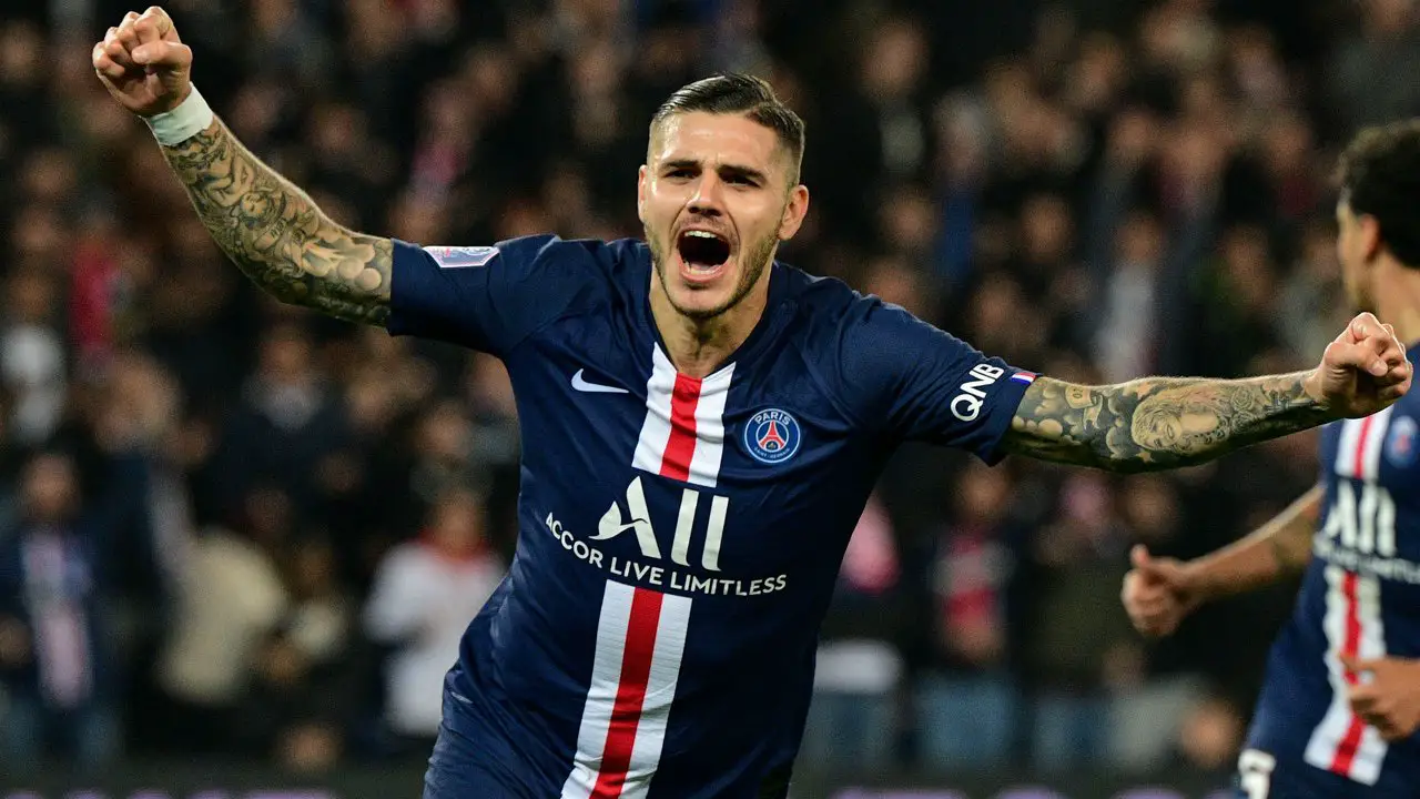 ac milan news-mauro icardi in blue psg jersey after scoring the goal against marseille
