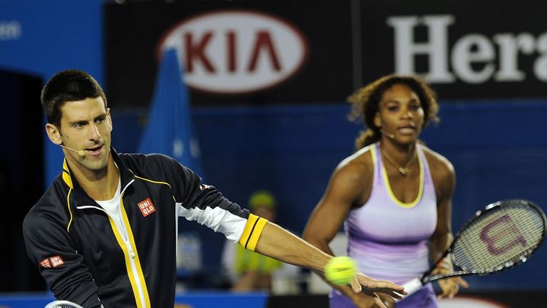 western and southern open tennis-djokovic and serena playing tennis together